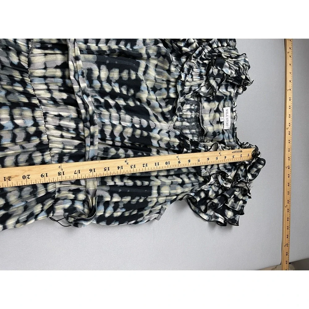 WILA STORY Womens Large L Maxi Dress Black Grey Blue Tie Dye Ruffle Sleeve Belte